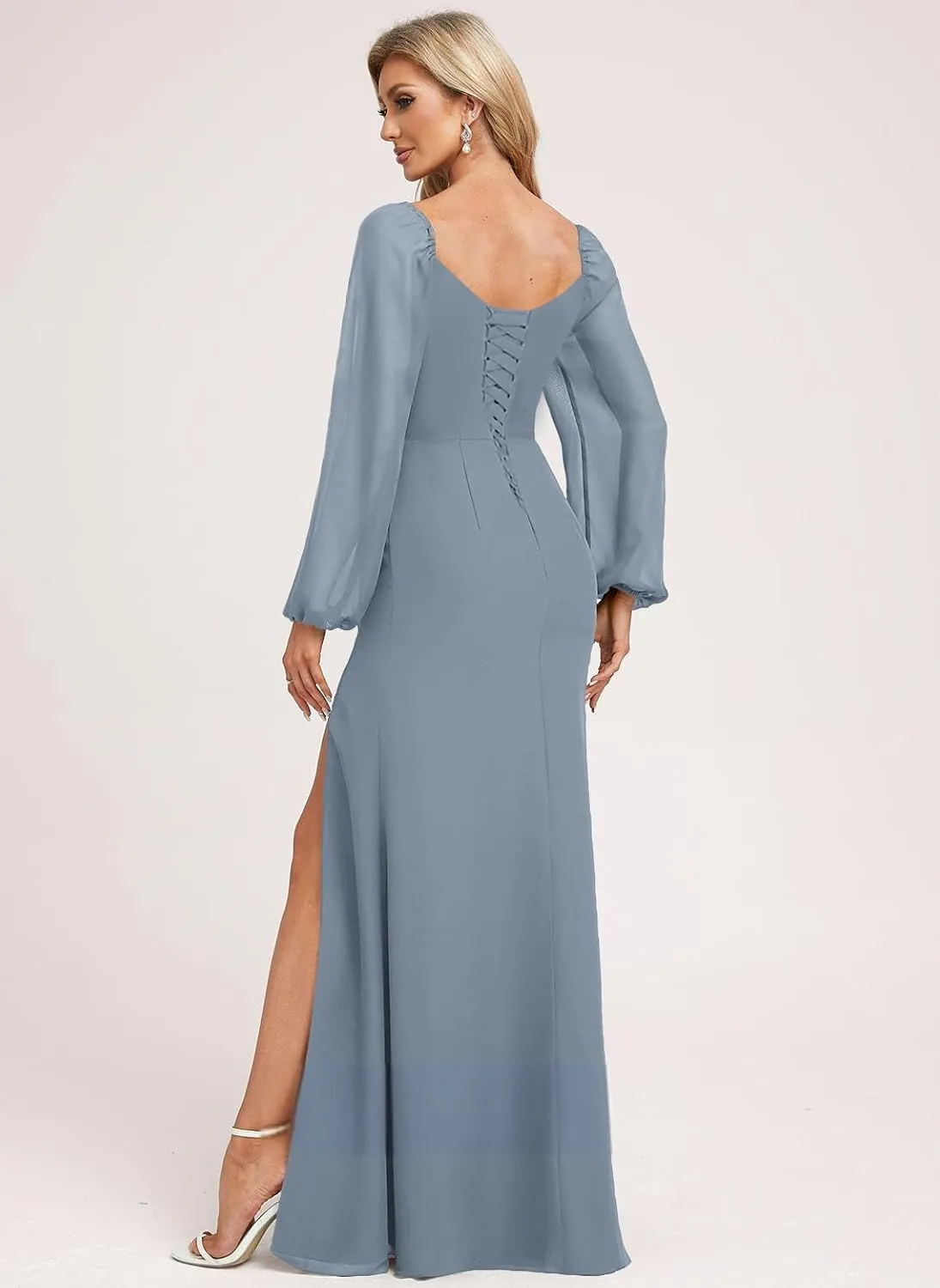 Women's Long Puffy Sleeve Bridesmaid Dresses with Slit Corset Bodice Empire Waist Prom Party Gowns 2025