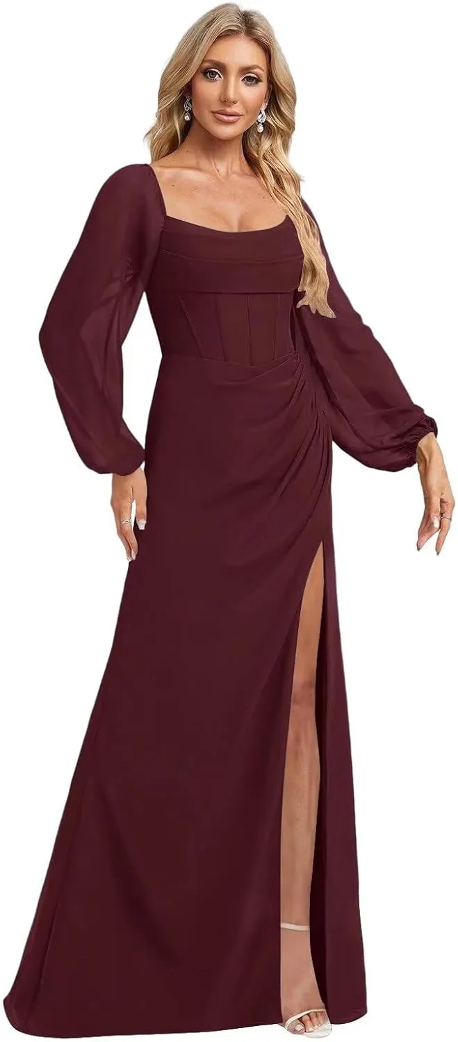 Women's Long Puffy Sleeve Bridesmaid Dresses with Slit Corset Bodice Empire Waist Prom Party Gowns 2025
