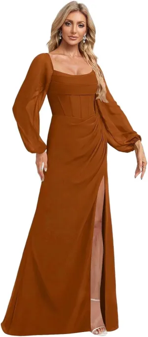 Women's Long Puffy Sleeve Bridesmaid Dresses with Slit Corset Bodice Empire Waist Prom Party Gowns 2025