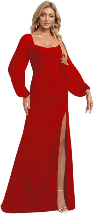 Women's Long Puffy Sleeve Bridesmaid Dresses with Slit Corset Bodice Empire Waist Prom Party Gowns 2025