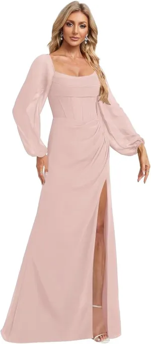 Women's Long Puffy Sleeve Bridesmaid Dresses with Slit Corset Bodice Empire Waist Prom Party Gowns 2025