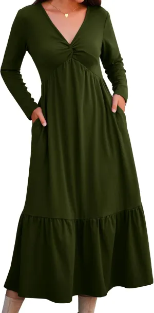 Women's Long Sleeve Dress V Neck Maxi Dresses with Pockets Casual Loose Pleated Tiered