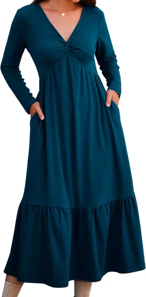 Women's Long Sleeve Dress V Neck Maxi Dresses with Pockets Casual Loose Pleated Tiered