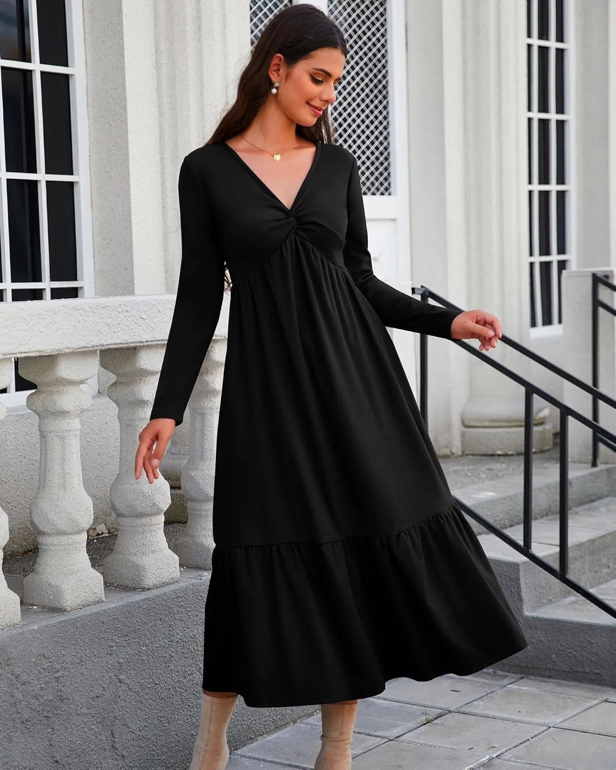 Women's Long Sleeve Dress V Neck Maxi Dresses with Pockets Casual Loose Pleated Tiered