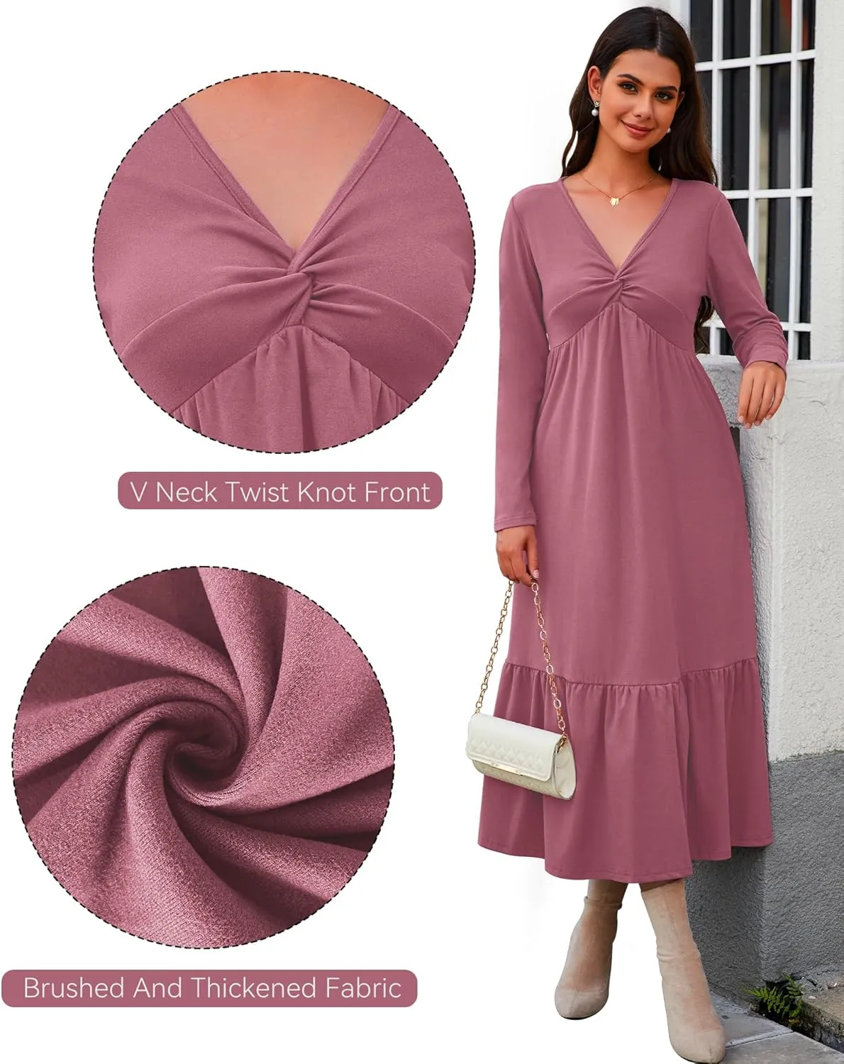 Women's Long Sleeve Dress V Neck Maxi Dresses with Pockets Casual Loose Pleated Tiered