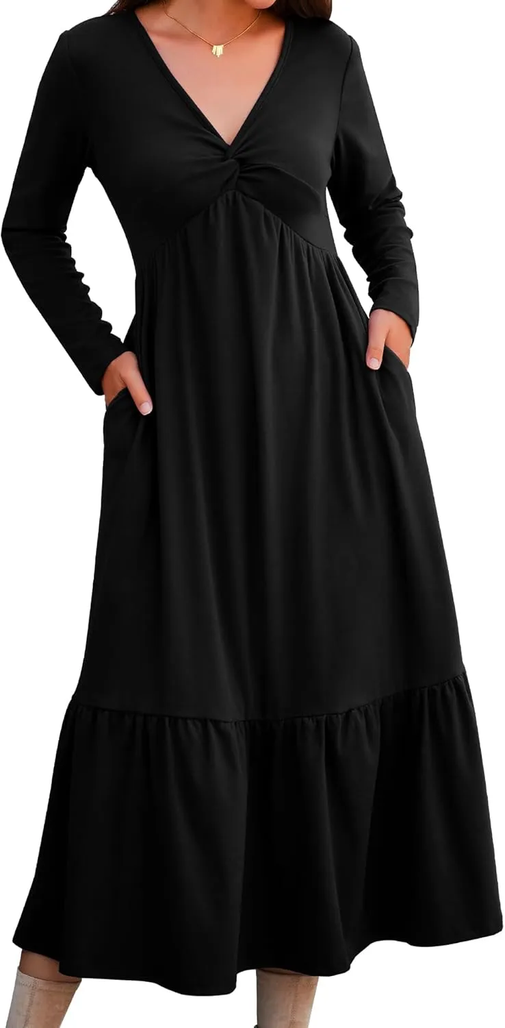 Women's Long Sleeve Dress V Neck Maxi Dresses with Pockets Casual Loose Pleated Tiered