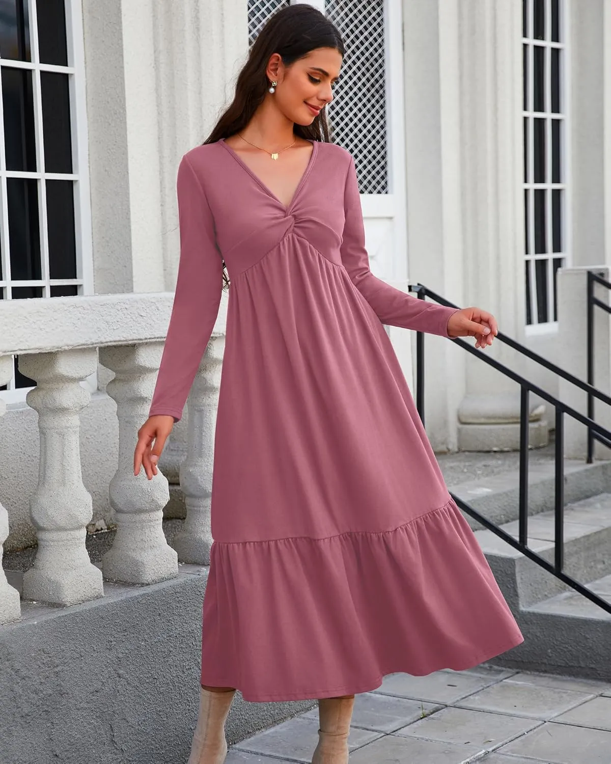 Women's Long Sleeve Dress V Neck Maxi Dresses with Pockets Casual Loose Pleated Tiered