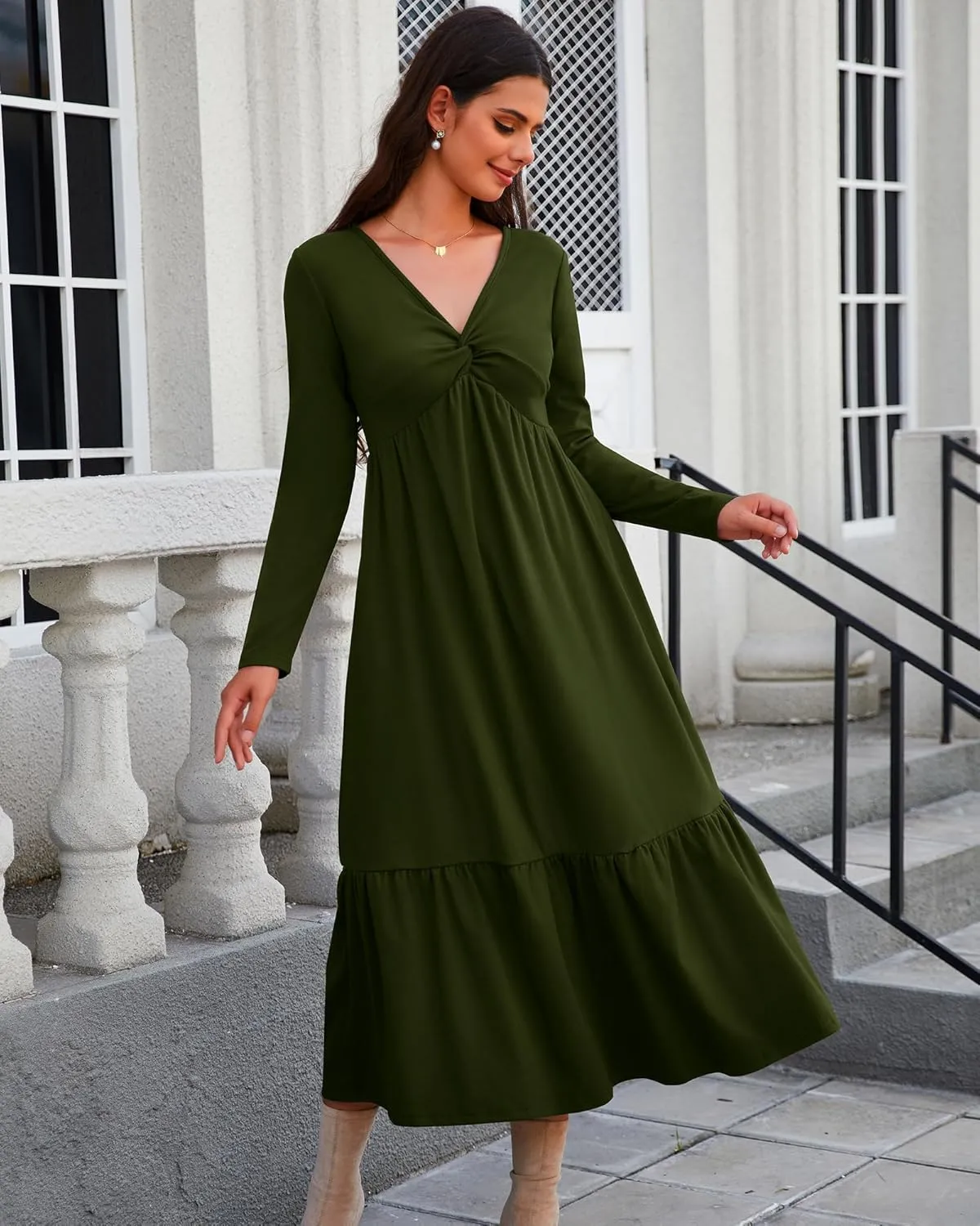 Women's Long Sleeve Dress V Neck Maxi Dresses with Pockets Casual Loose Pleated Tiered