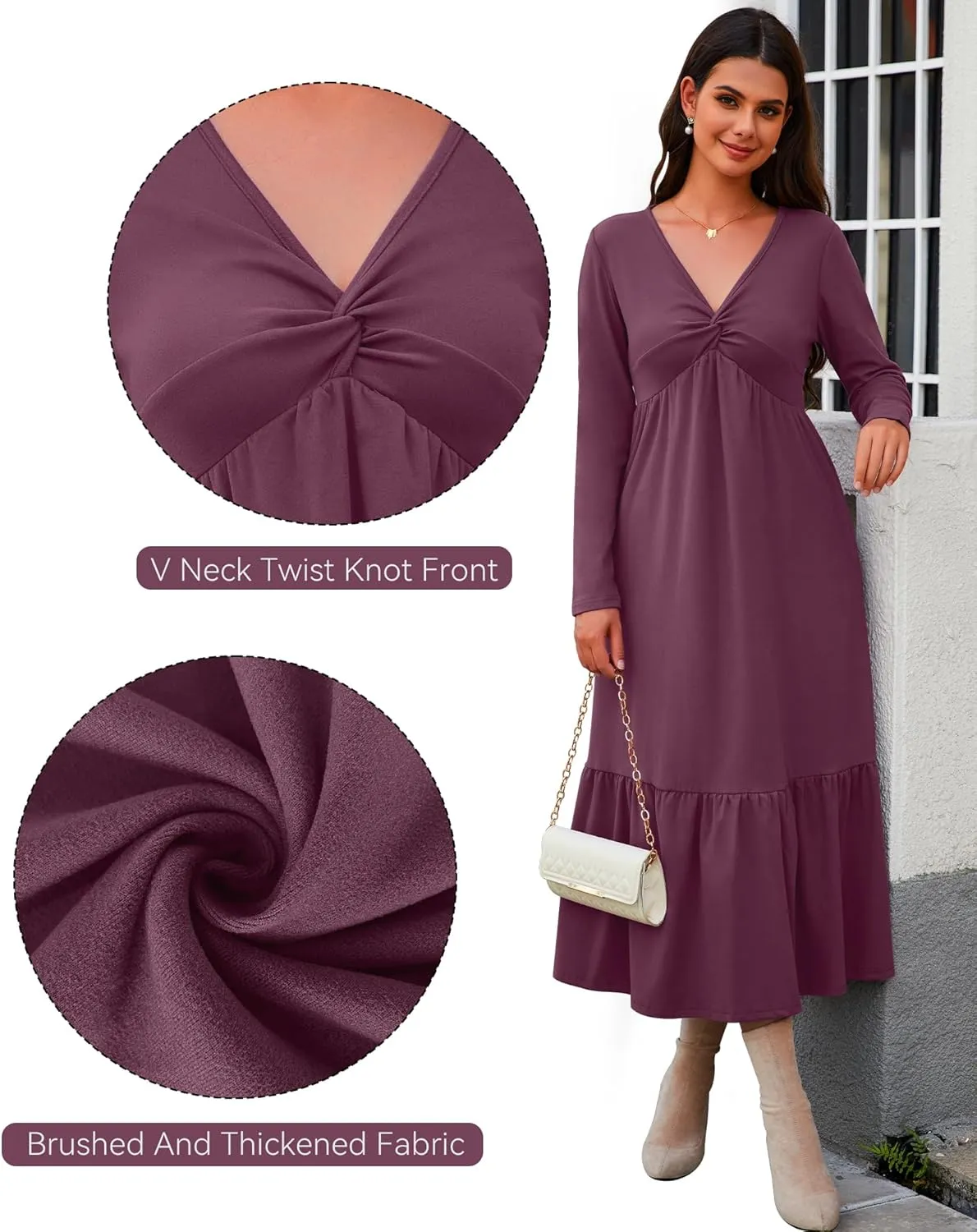 Women's Long Sleeve Dress V Neck Maxi Dresses with Pockets Casual Loose Pleated Tiered