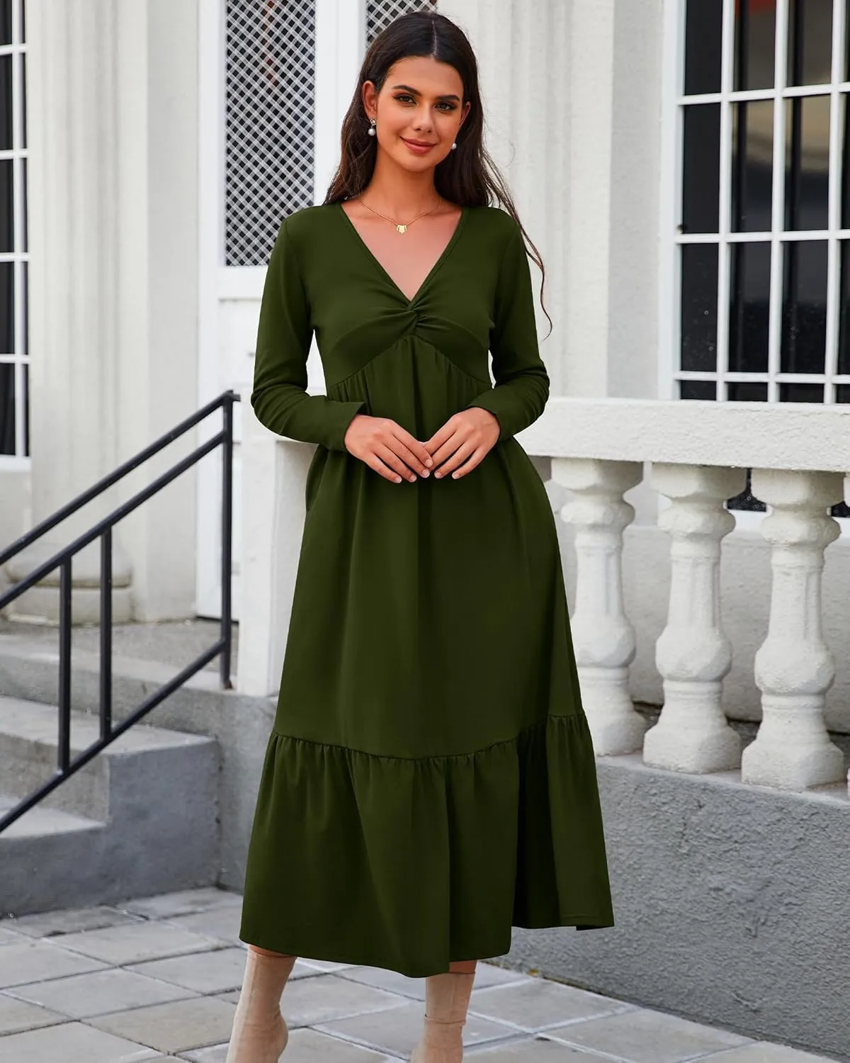 Women's Long Sleeve Dress V Neck Maxi Dresses with Pockets Casual Loose Pleated Tiered