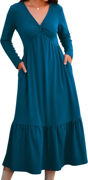 Women's Long Sleeve Dress V Neck Maxi Dresses with Pockets Casual Loose Pleated Tiered