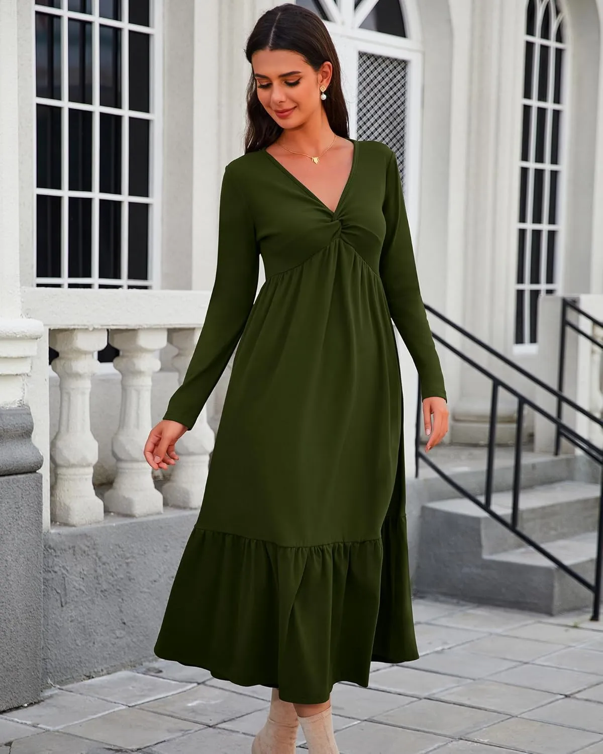 Women's Long Sleeve Dress V Neck Maxi Dresses with Pockets Casual Loose Pleated Tiered