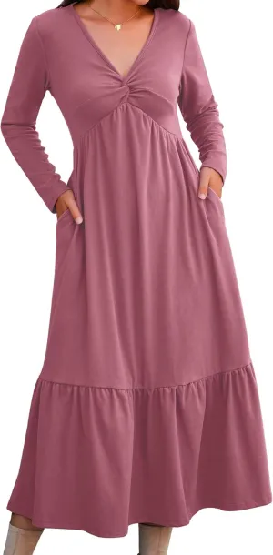 Women's Long Sleeve Dress V Neck Maxi Dresses with Pockets Casual Loose Pleated Tiered