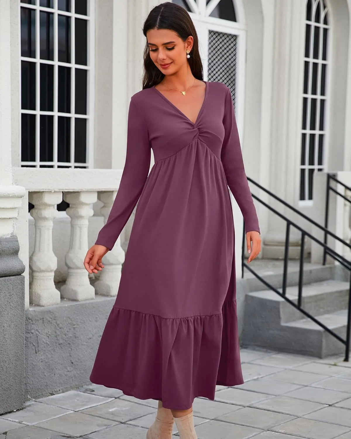 Women's Long Sleeve Dress V Neck Maxi Dresses with Pockets Casual Loose Pleated Tiered