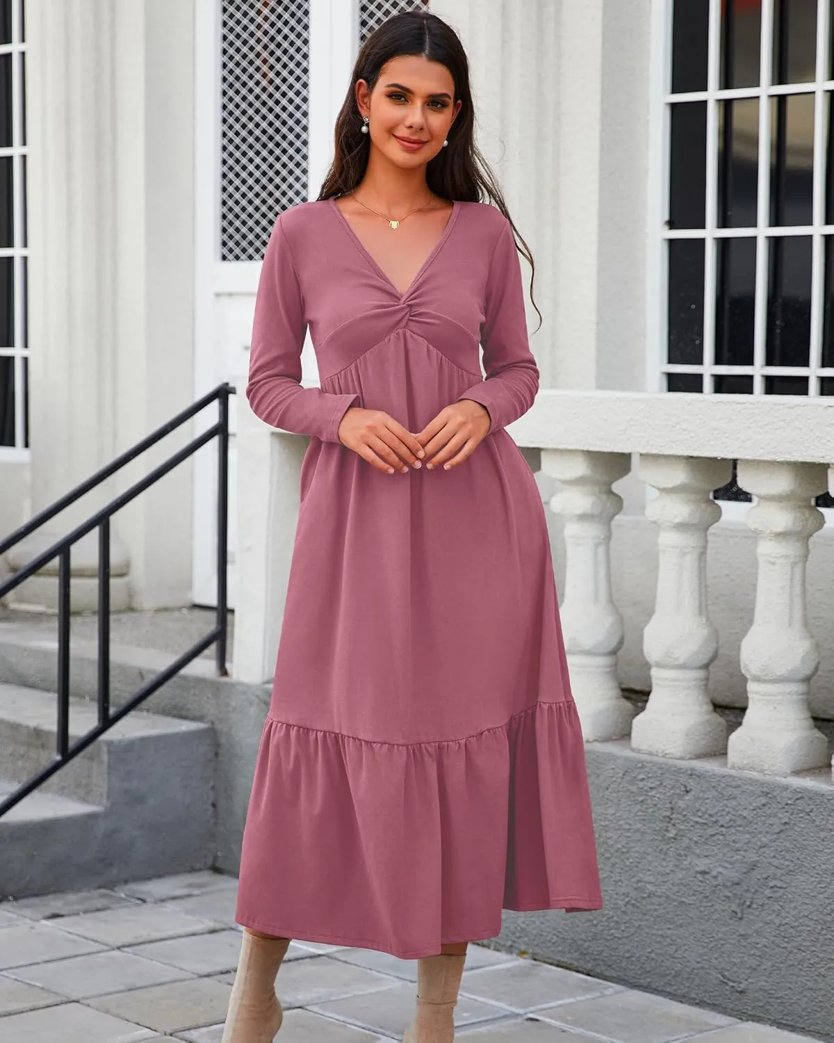 Women's Long Sleeve Dress V Neck Maxi Dresses with Pockets Casual Loose Pleated Tiered