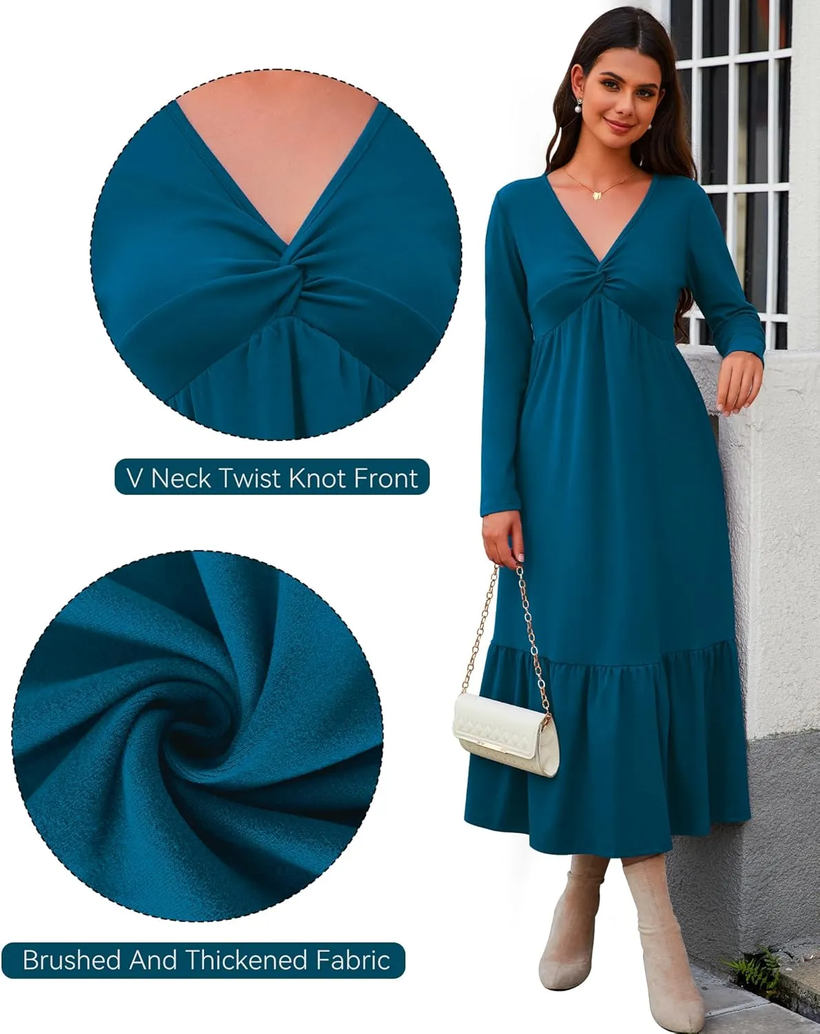 Women's Long Sleeve Dress V Neck Maxi Dresses with Pockets Casual Loose Pleated Tiered