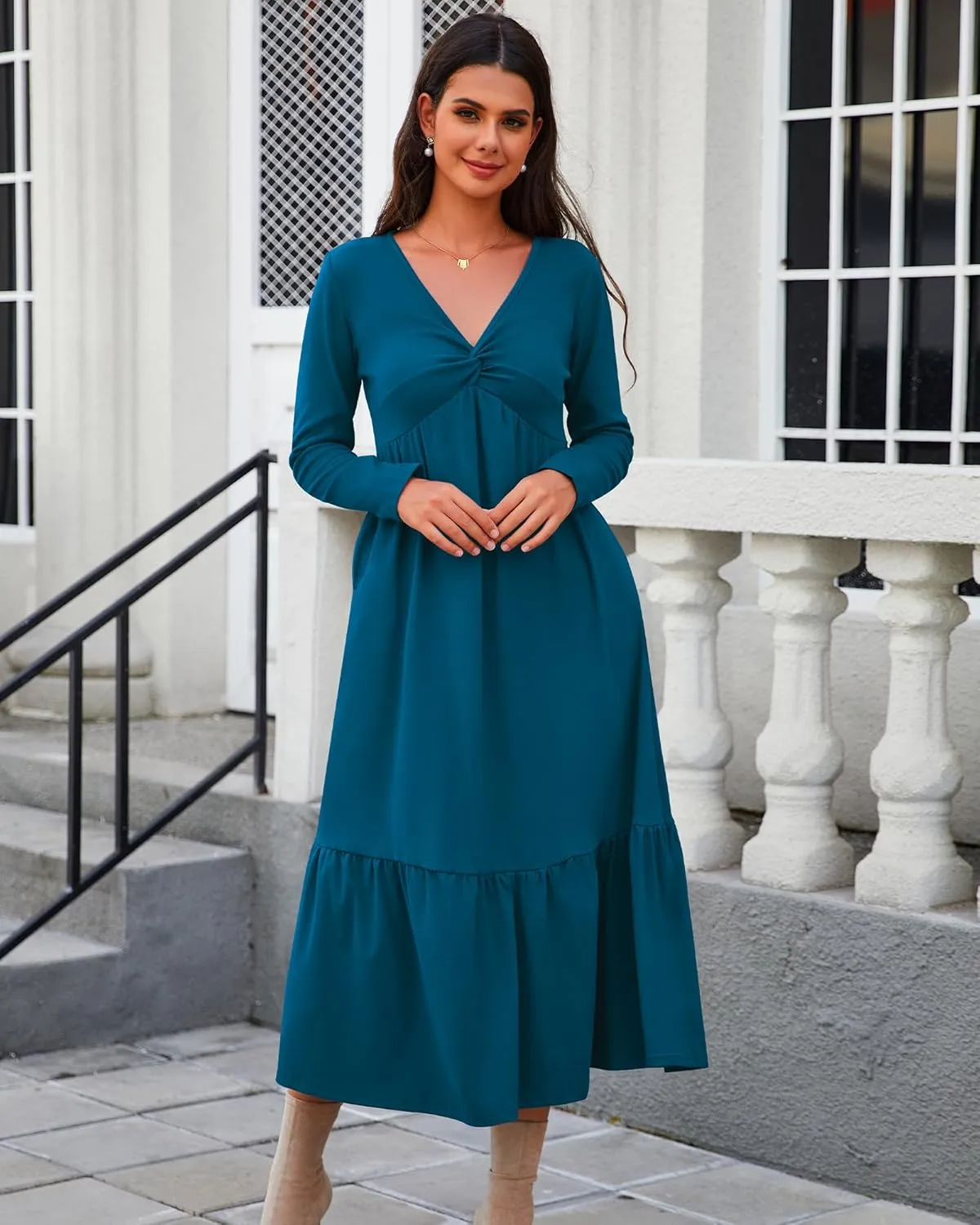 Women's Long Sleeve Dress V Neck Maxi Dresses with Pockets Casual Loose Pleated Tiered