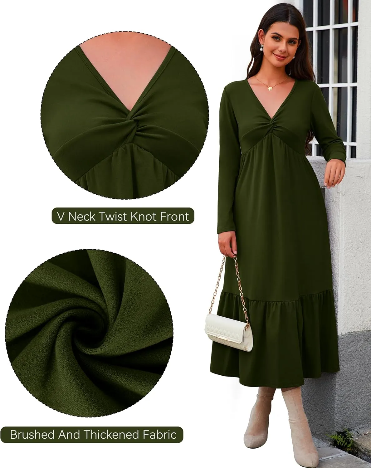 Women's Long Sleeve Dress V Neck Maxi Dresses with Pockets Casual Loose Pleated Tiered