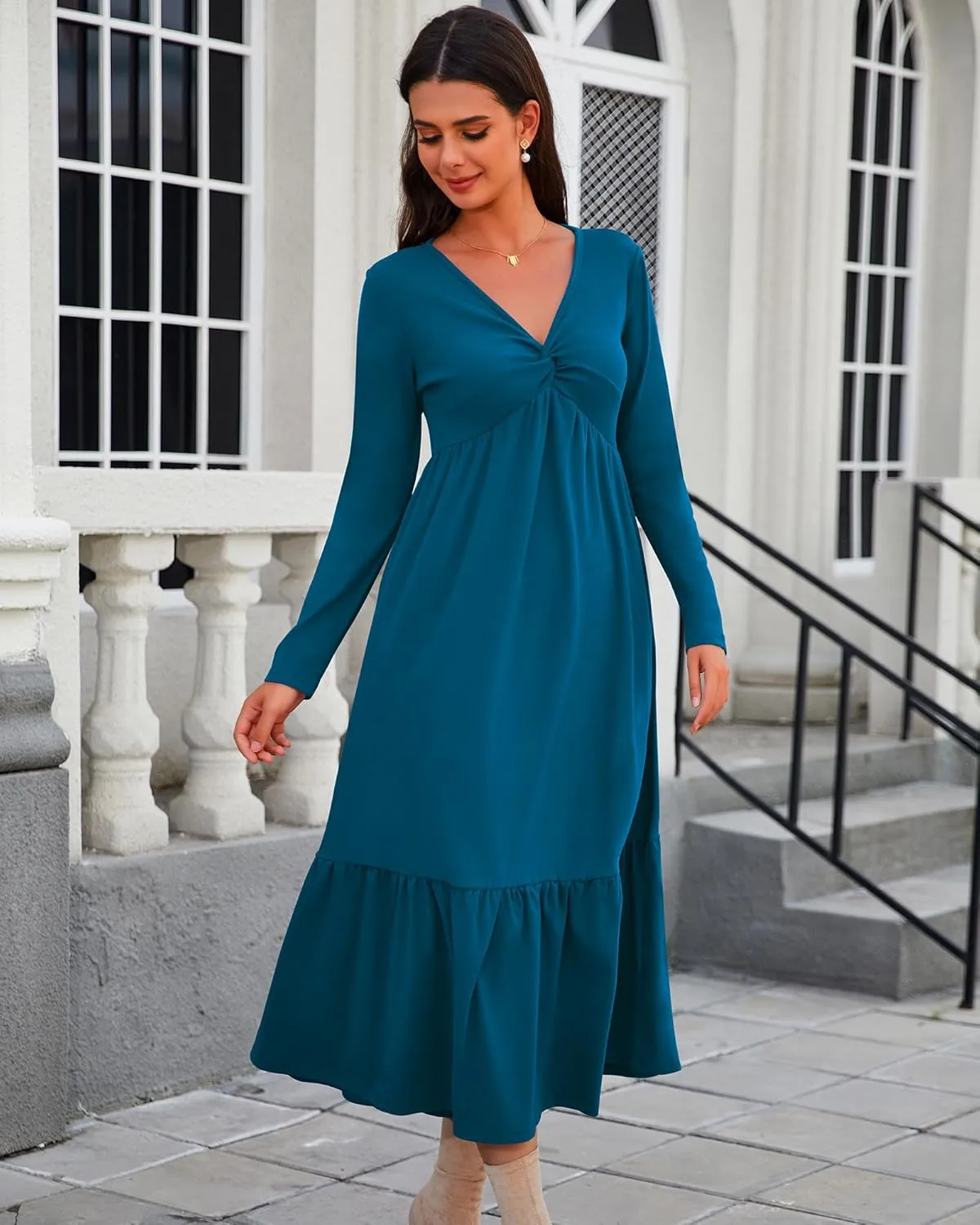 Women's Long Sleeve Dress V Neck Maxi Dresses with Pockets Casual Loose Pleated Tiered