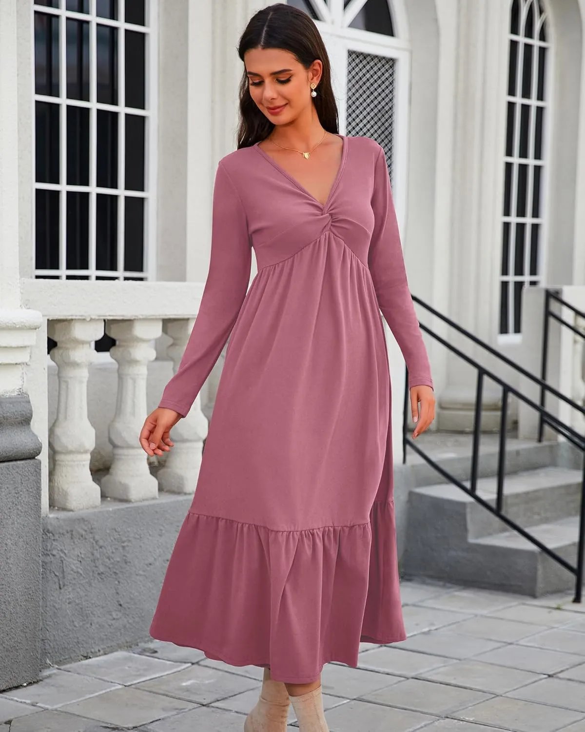 Women's Long Sleeve Dress V Neck Maxi Dresses with Pockets Casual Loose Pleated Tiered