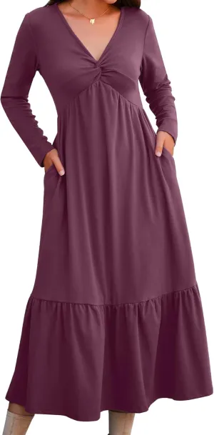 Women's Long Sleeve Dress V Neck Maxi Dresses with Pockets Casual Loose Pleated Tiered