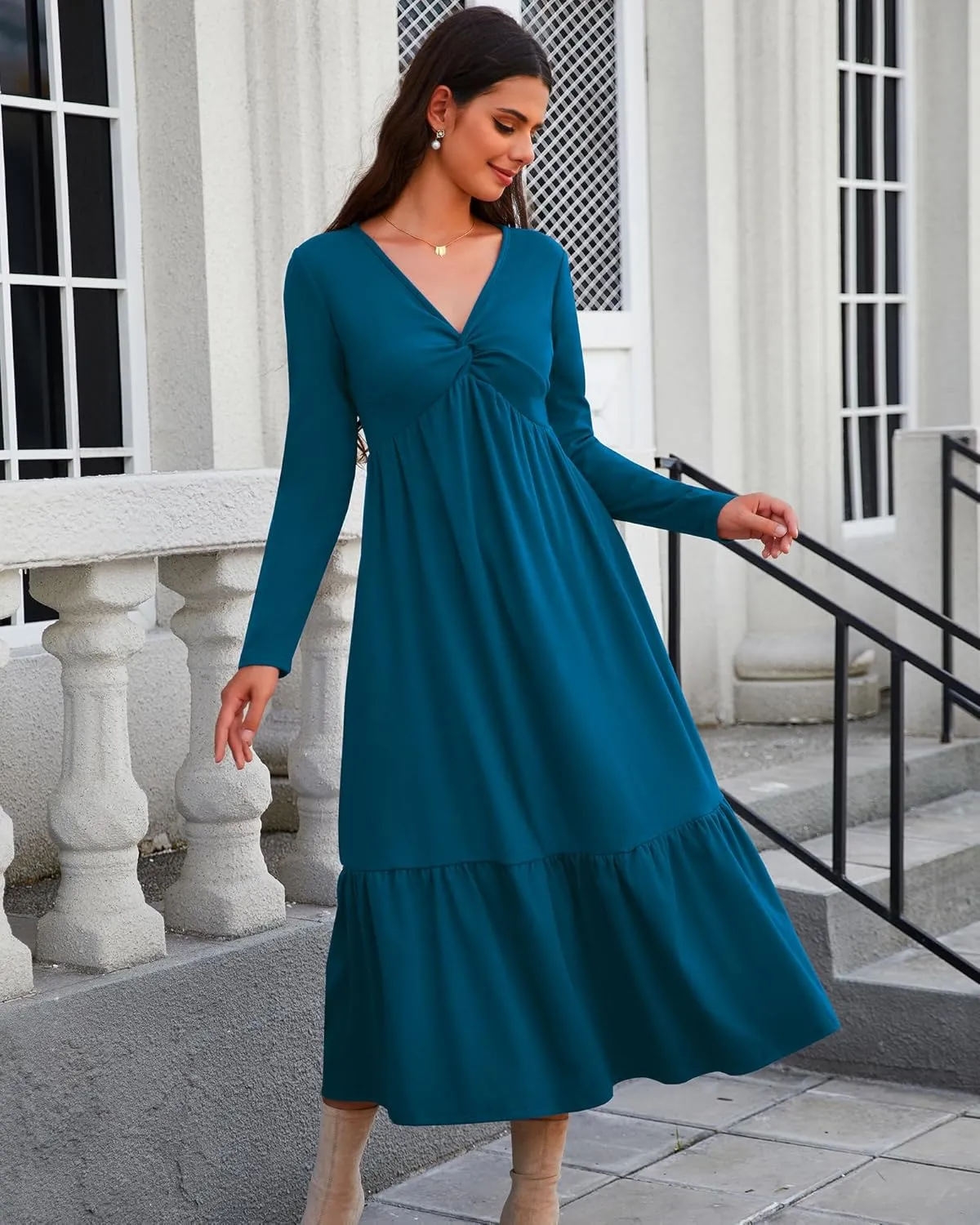 Women's Long Sleeve Dress V Neck Maxi Dresses with Pockets Casual Loose Pleated Tiered