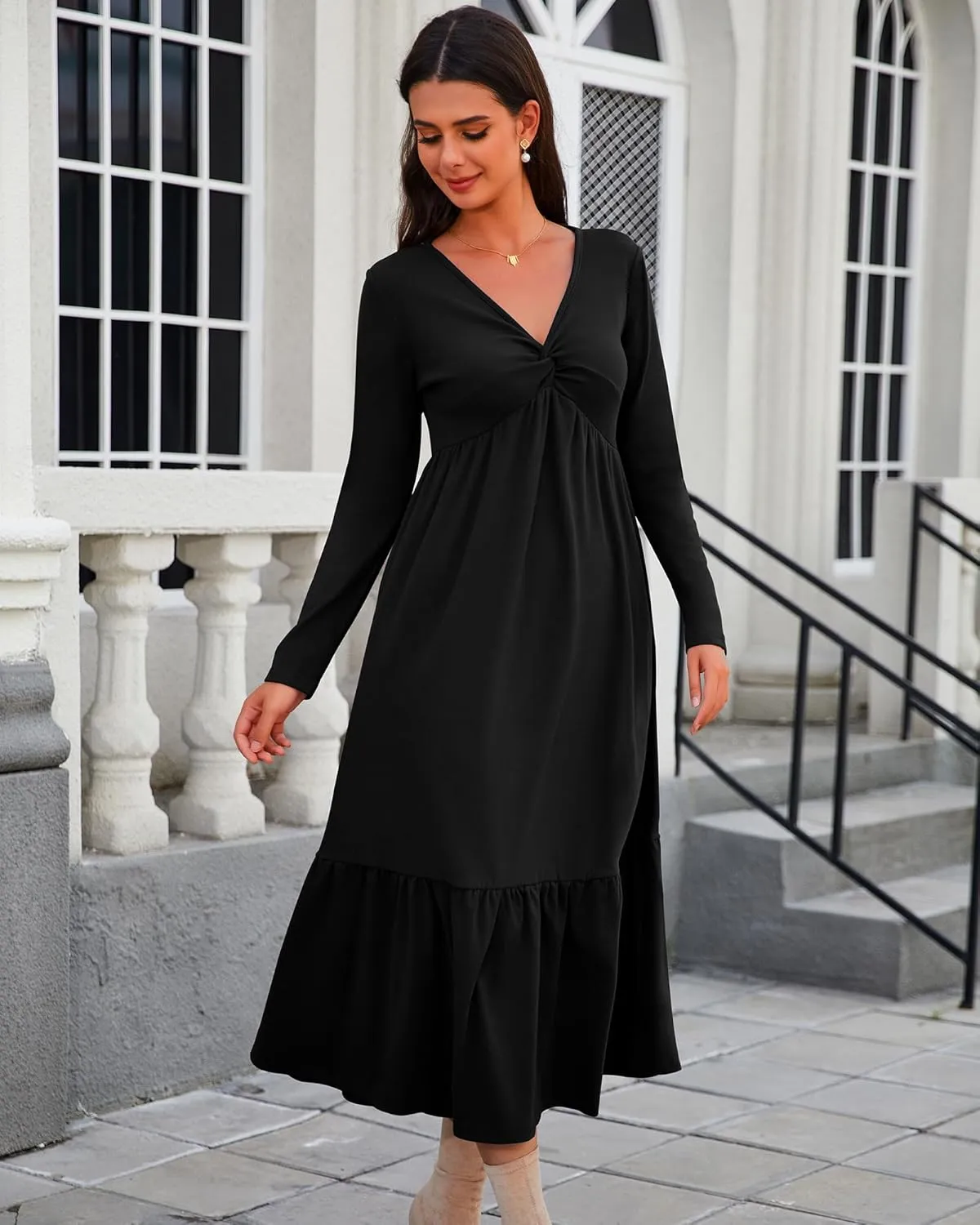 Women's Long Sleeve Dress V Neck Maxi Dresses with Pockets Casual Loose Pleated Tiered
