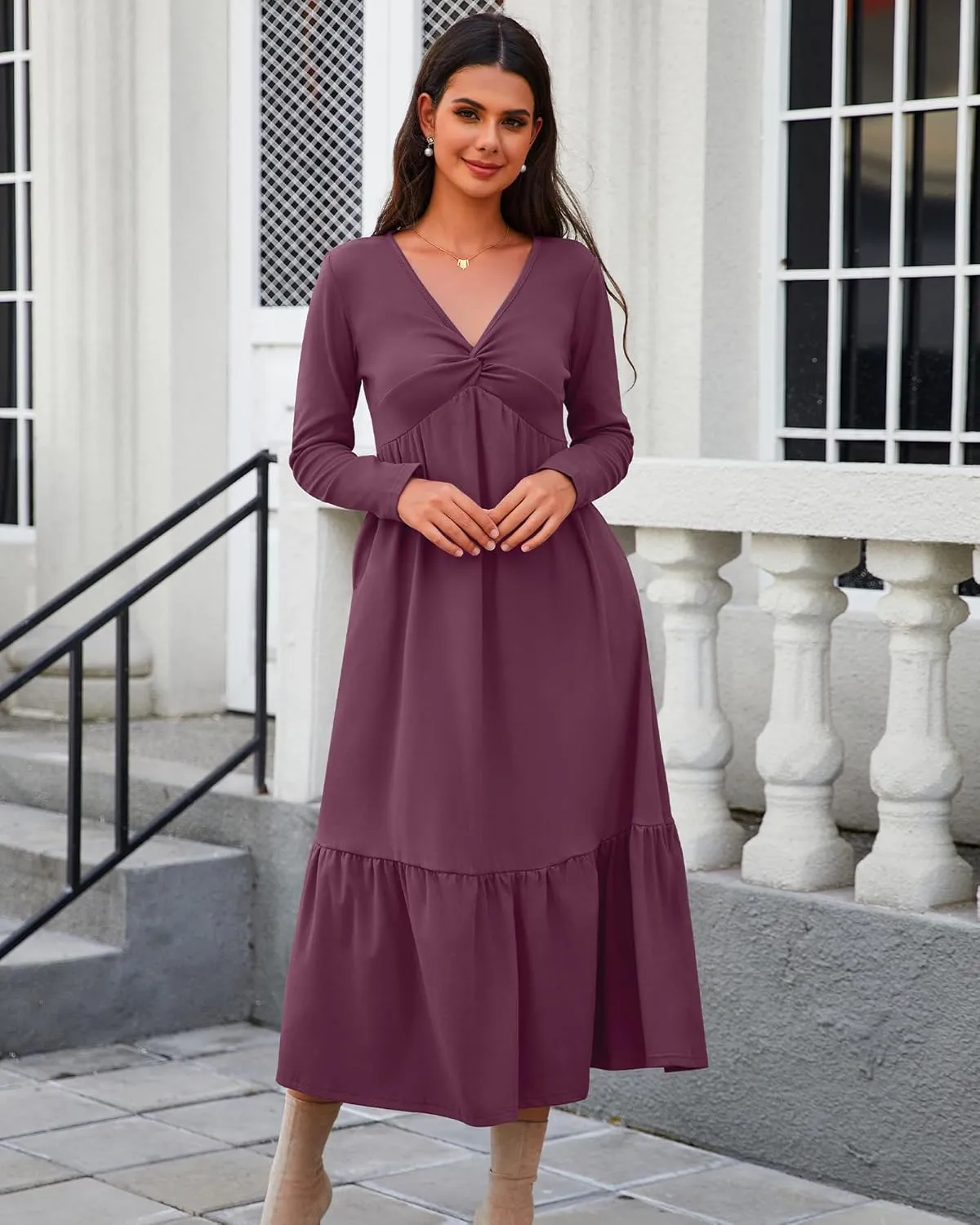 Women's Long Sleeve Dress V Neck Maxi Dresses with Pockets Casual Loose Pleated Tiered