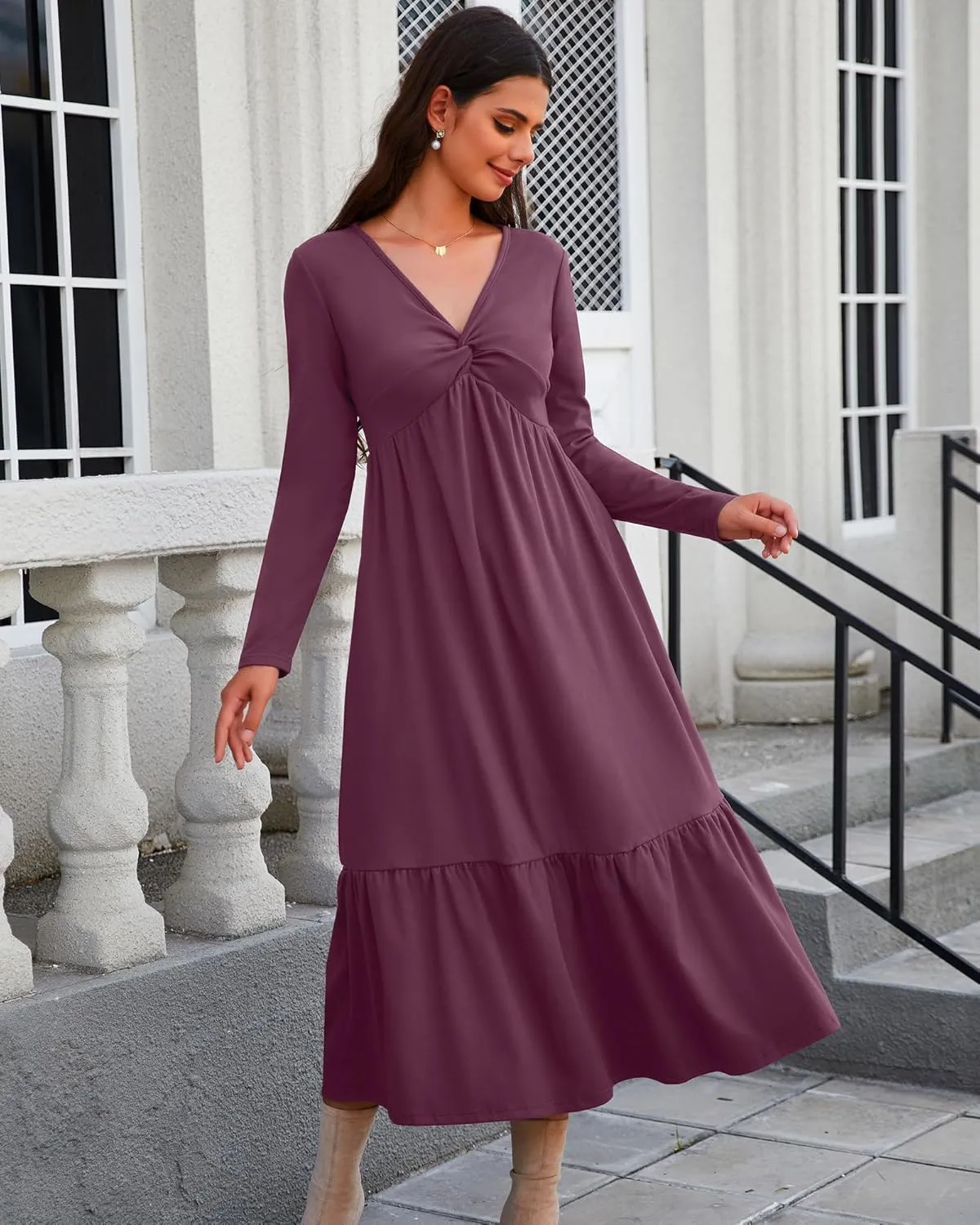 Women's Long Sleeve Dress V Neck Maxi Dresses with Pockets Casual Loose Pleated Tiered