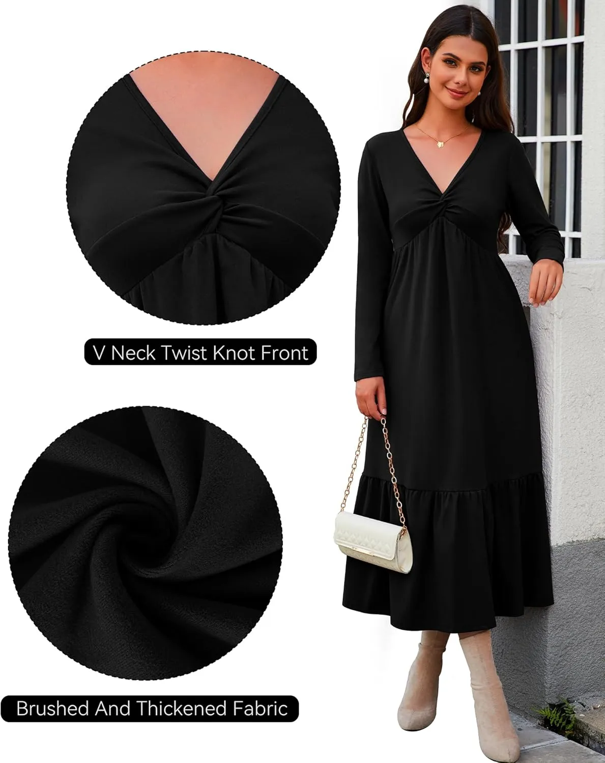 Women's Long Sleeve Dress V Neck Maxi Dresses with Pockets Casual Loose Pleated Tiered