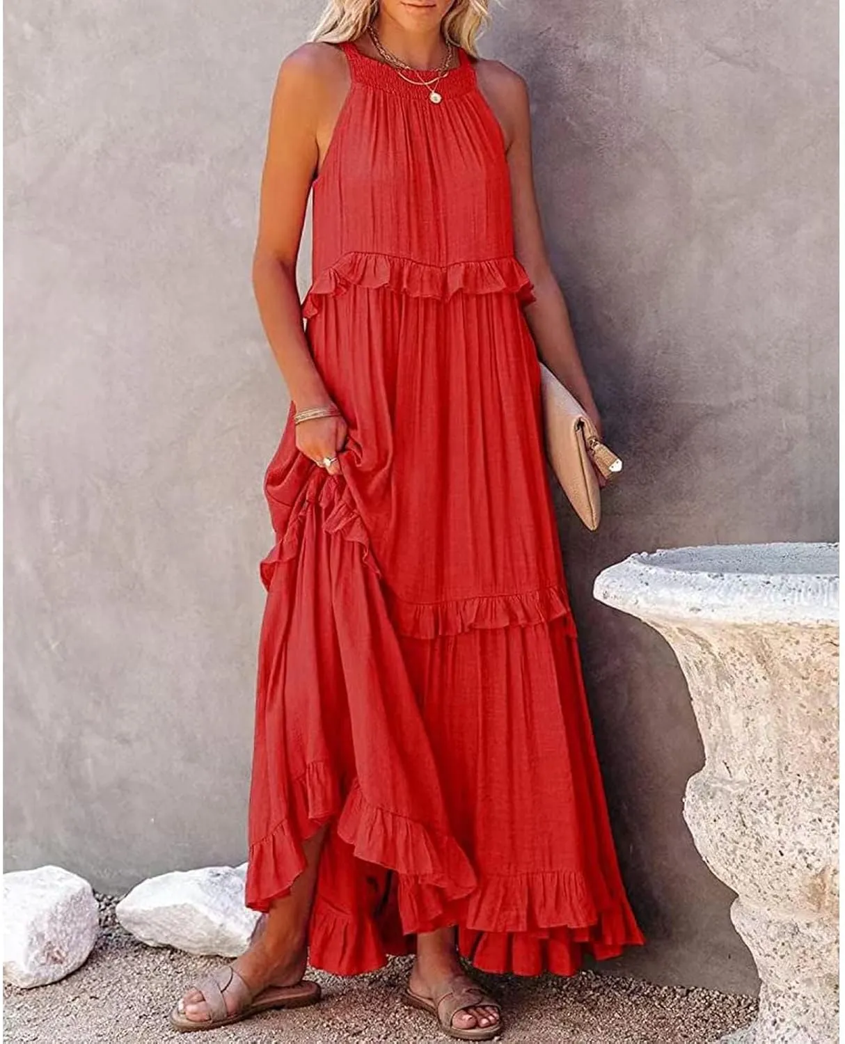 Women's Maxi Dress 2025 Spring Casual Loose Swing Boho Smocked Ruffle Sundress Halter Sleeveless Tiered Beach Dress