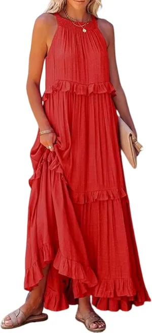 Women's Maxi Dress 2025 Spring Casual Loose Swing Boho Smocked Ruffle Sundress Halter Sleeveless Tiered Beach Dress