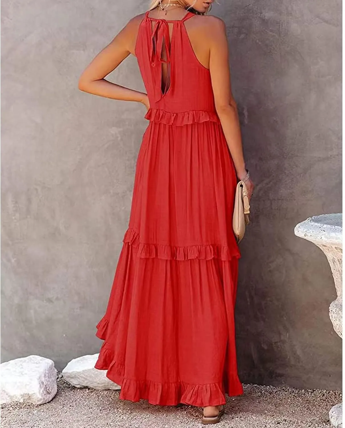 Women's Maxi Dress 2025 Spring Casual Loose Swing Boho Smocked Ruffle Sundress Halter Sleeveless Tiered Beach Dress