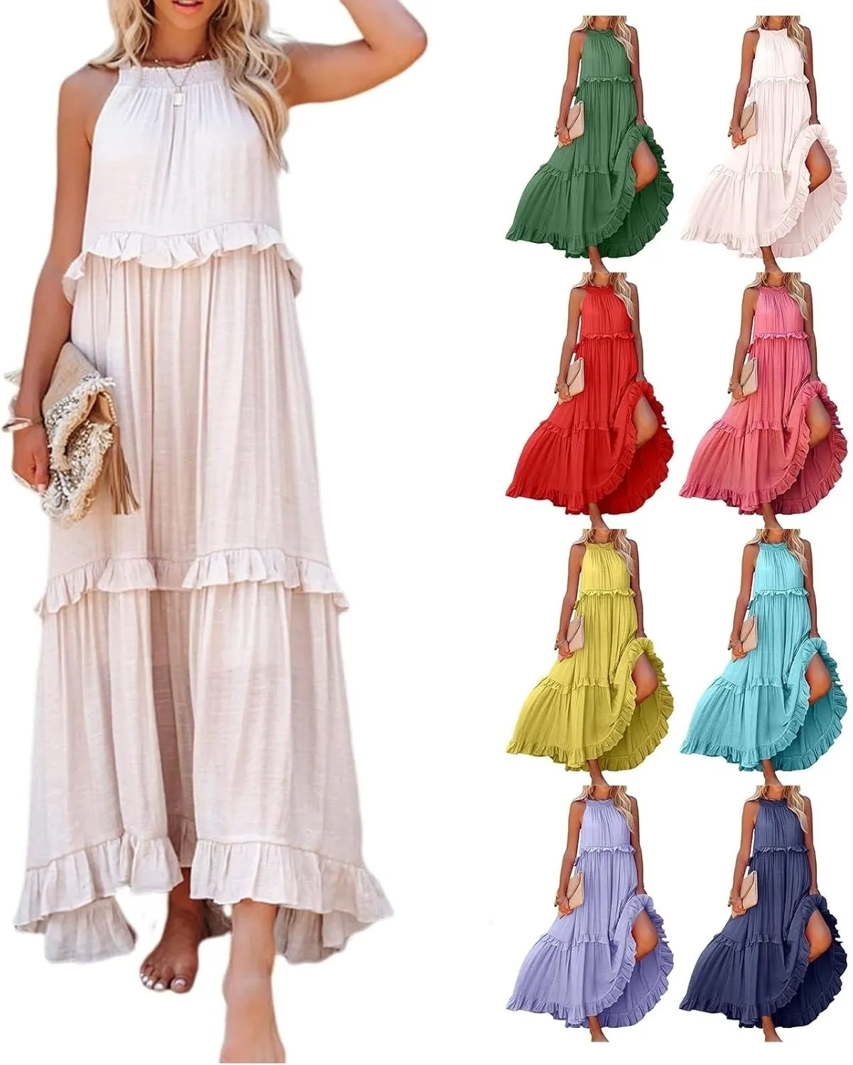Women's Maxi Dress 2025 Spring Casual Loose Swing Boho Smocked Ruffle Sundress Halter Sleeveless Tiered Beach Dress
