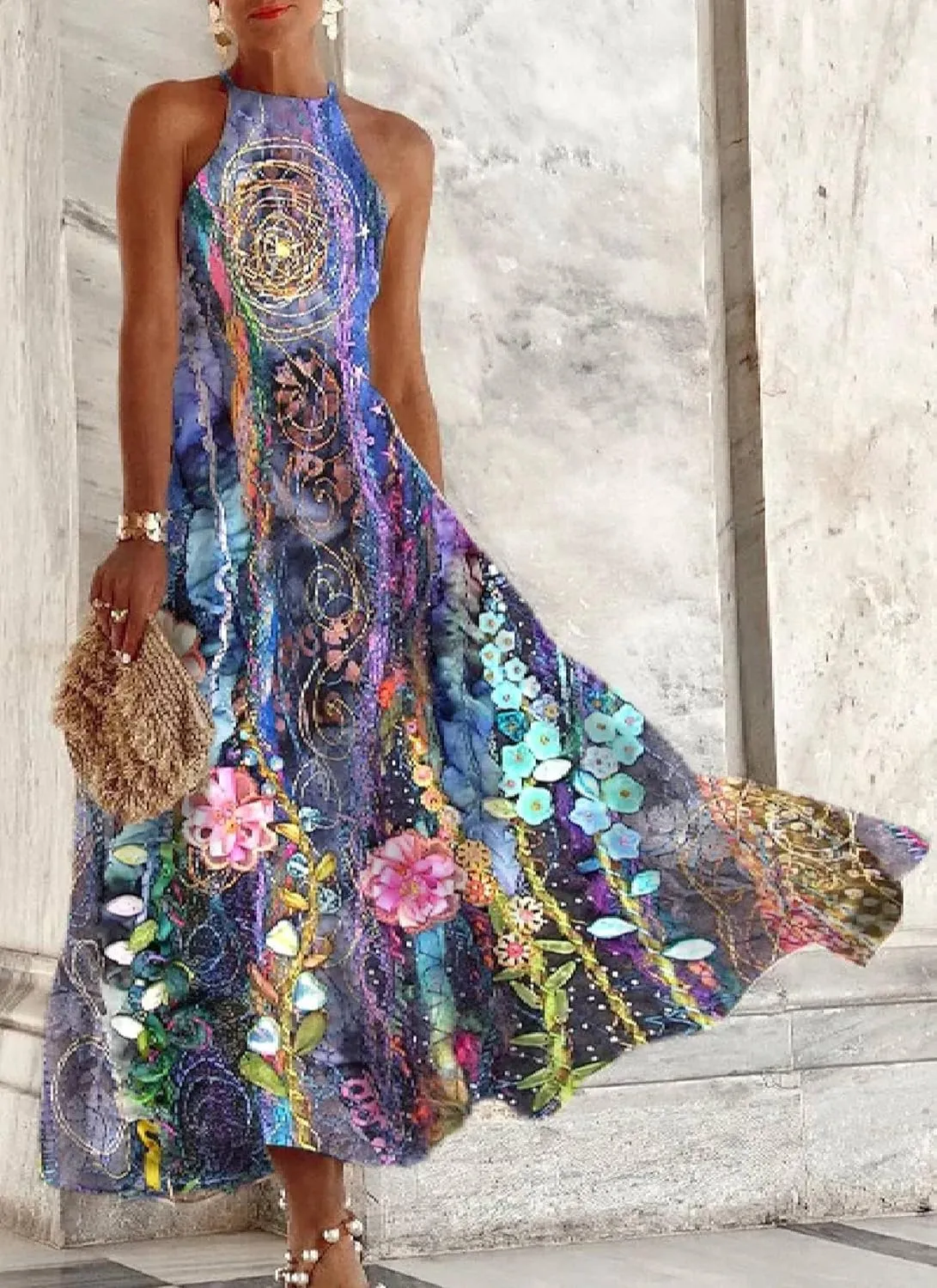 Women's Maxi Dress Floral Sleeveless Round Neck Unique Ocean Floral Print 2025 Summer Spring Cocktail Dresses