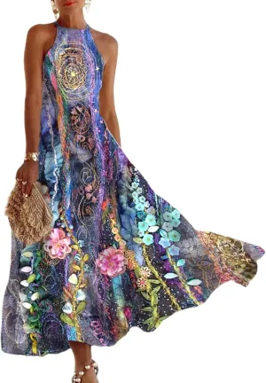 Women's Maxi Dress Floral Sleeveless Round Neck Unique Ocean Floral Print 2025 Summer Spring Cocktail Dresses