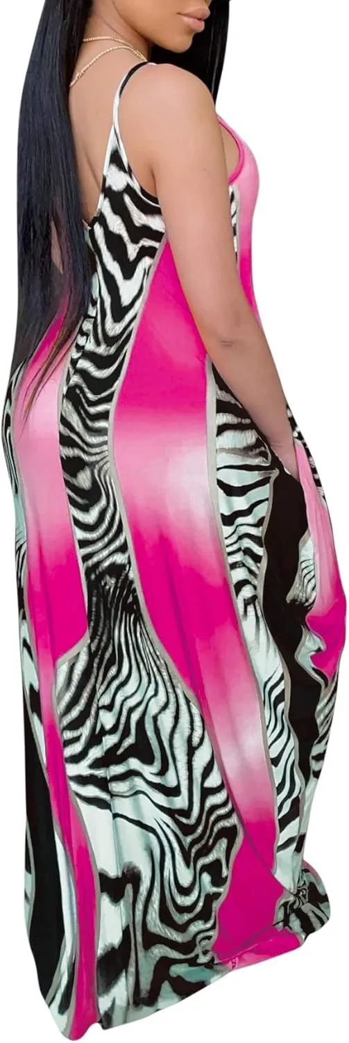Women's Maxi Sunflower Dresses Sleeveless Long Tie Dye Dress Casual Sundresses with Pockets