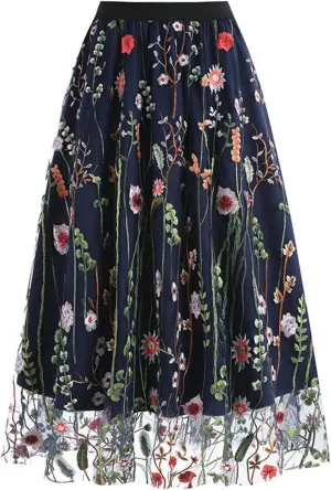 Womens Midi Skirts Embroidered Mesh Skirt Floral Lace Skirts Elastic High Waist Skirts Trendy A Line Pleated Skirts