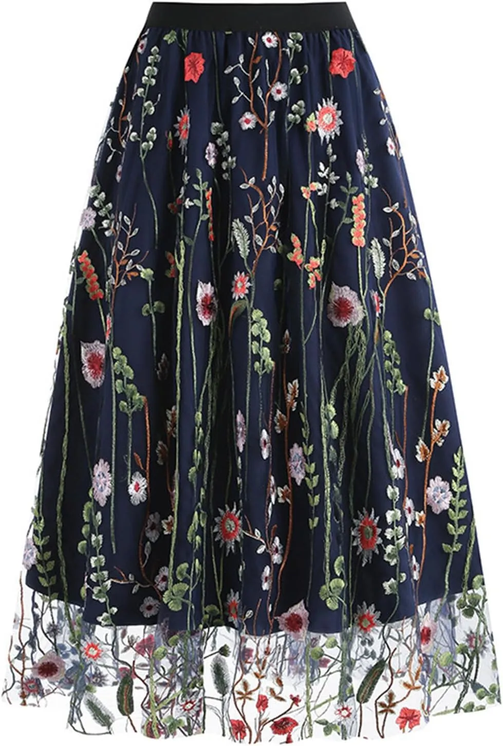 Womens Midi Skirts Embroidered Mesh Skirt Floral Lace Skirts Elastic High Waist Skirts Trendy A Line Pleated Skirts