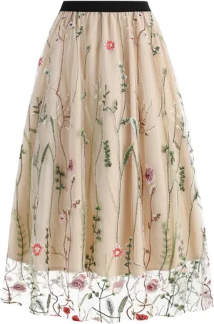 Womens Midi Skirts Embroidered Mesh Skirt Floral Lace Skirts Elastic High Waist Skirts Trendy A Line Pleated Skirts