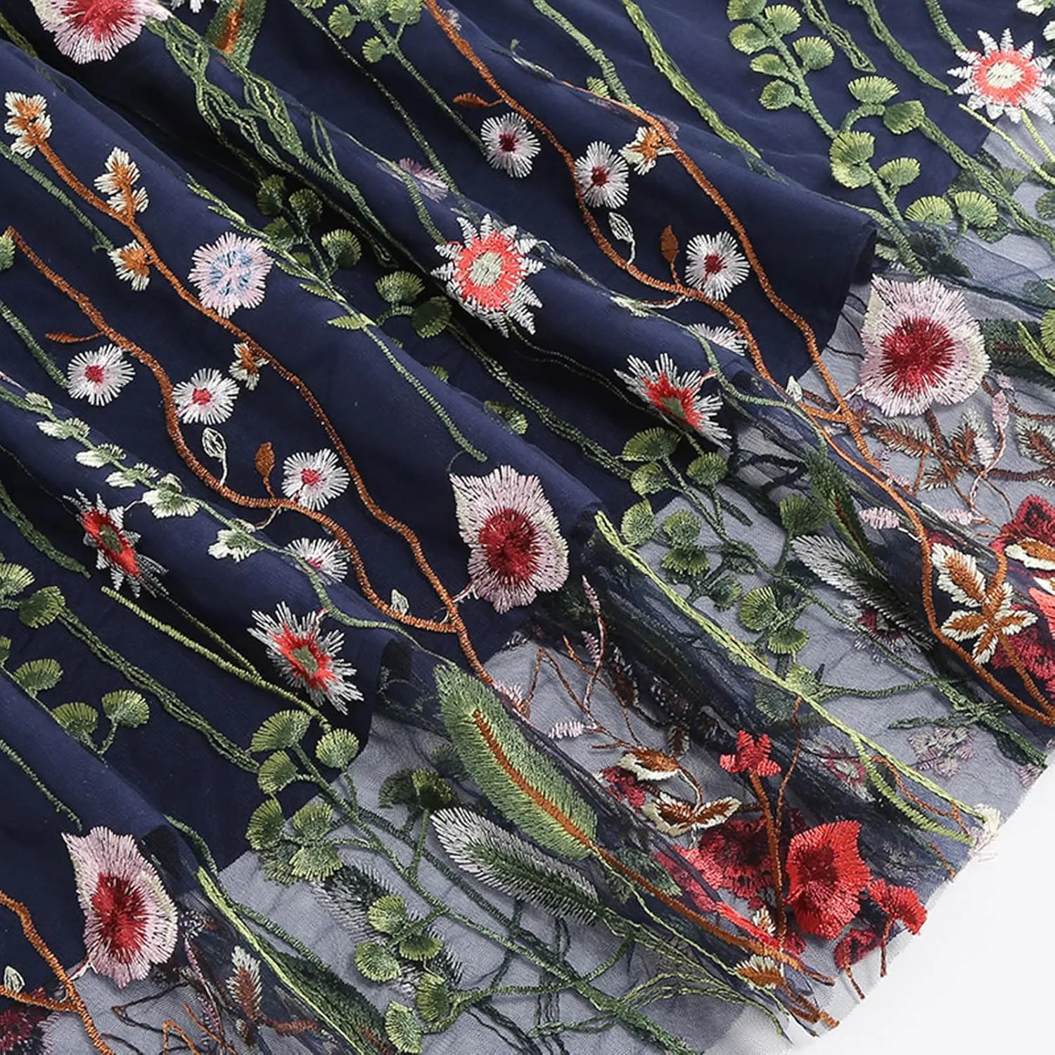 Womens Midi Skirts Embroidered Mesh Skirt Floral Lace Skirts Elastic High Waist Skirts Trendy A Line Pleated Skirts