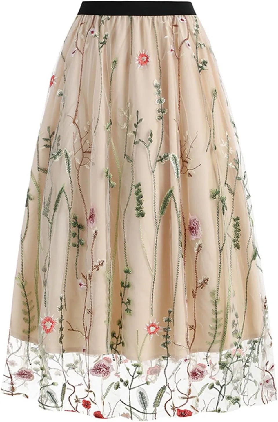 Womens Midi Skirts Embroidered Mesh Skirt Floral Lace Skirts Elastic High Waist Skirts Trendy A Line Pleated Skirts