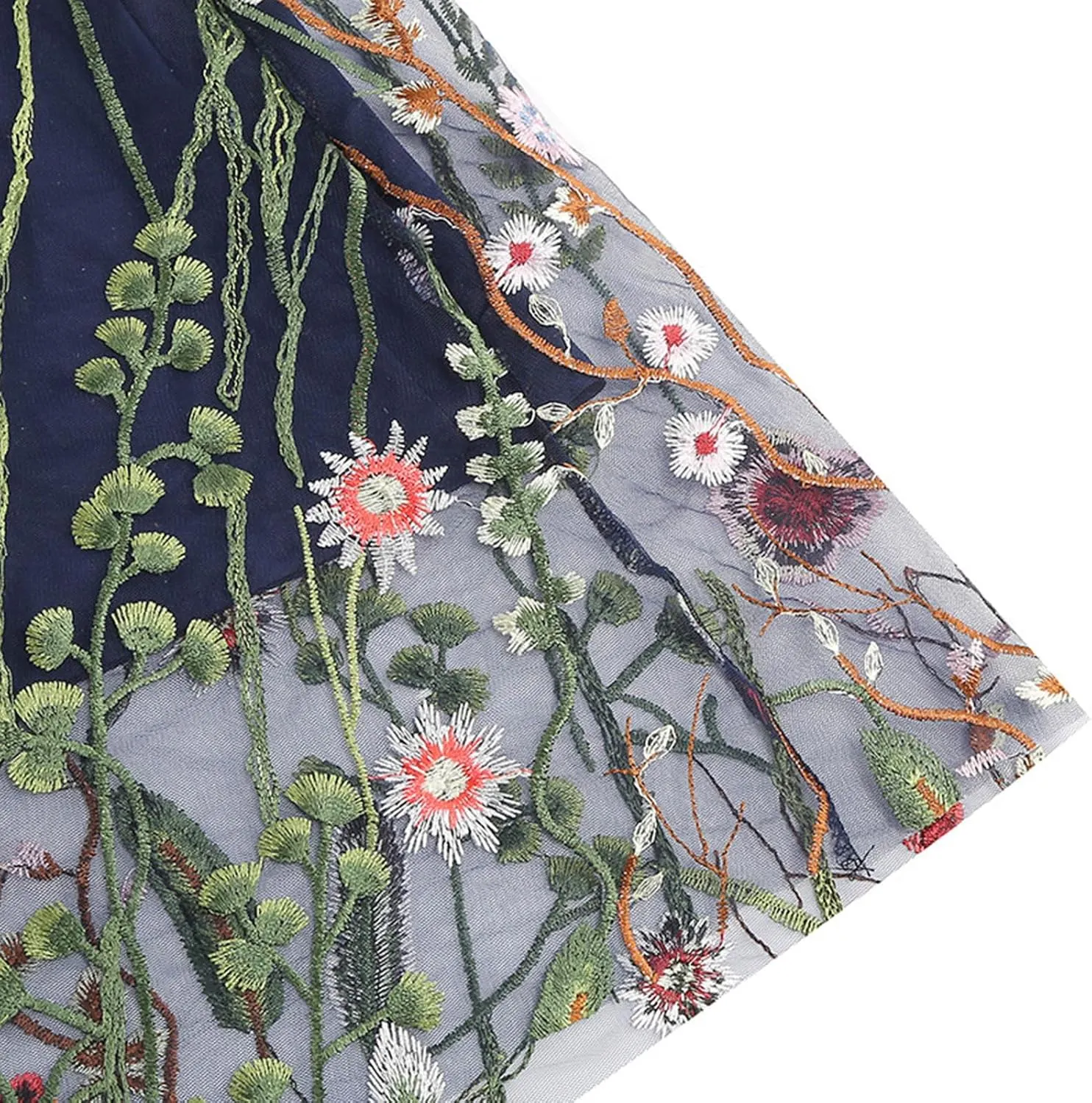 Womens Midi Skirts Embroidered Mesh Skirt Floral Lace Skirts Elastic High Waist Skirts Trendy A Line Pleated Skirts