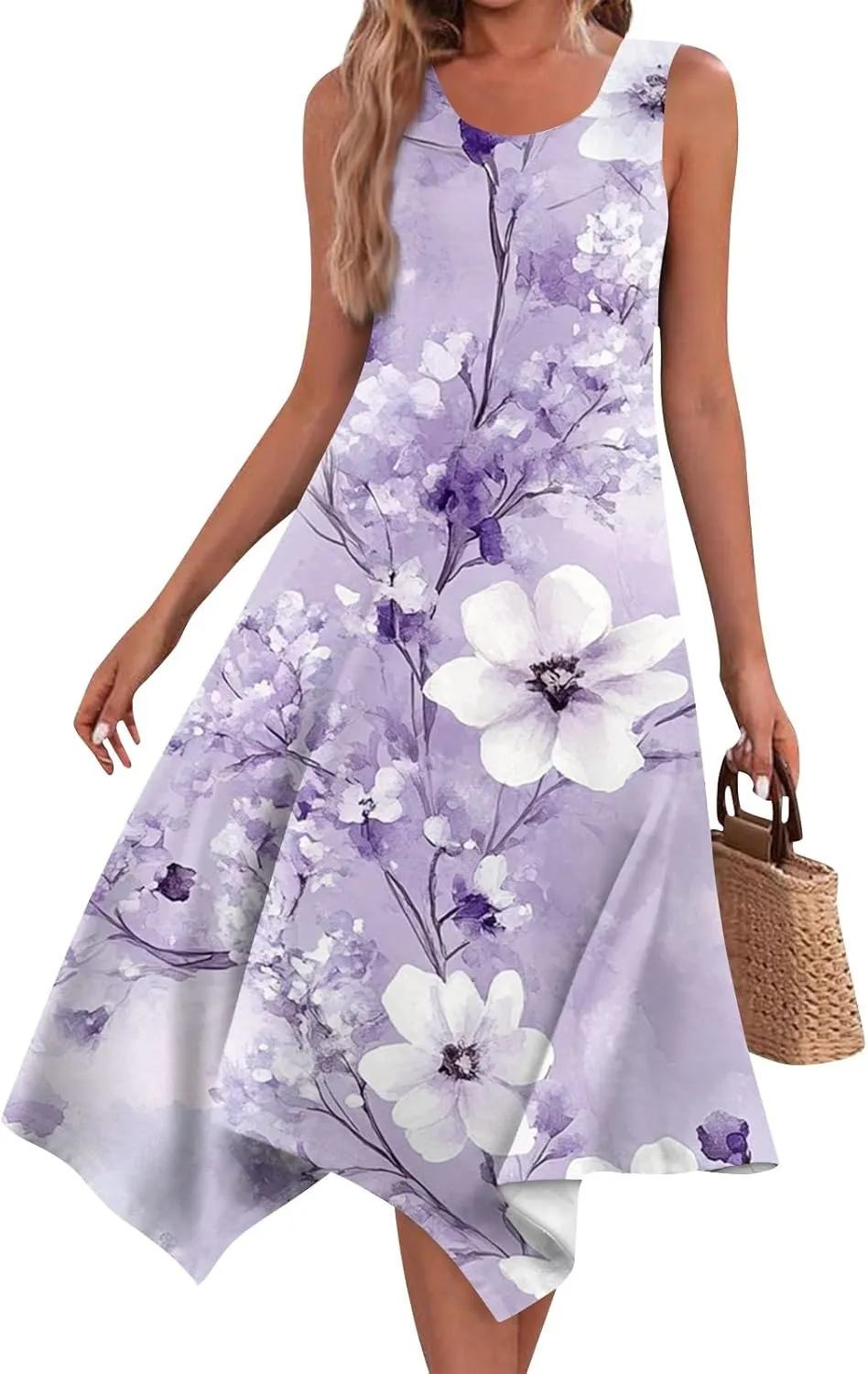 Womens Off Shoulder Sleeveless Midi Sundresses Smocked Flowy A Line Dress Formal Plus Size Casual Floral Tank Dress