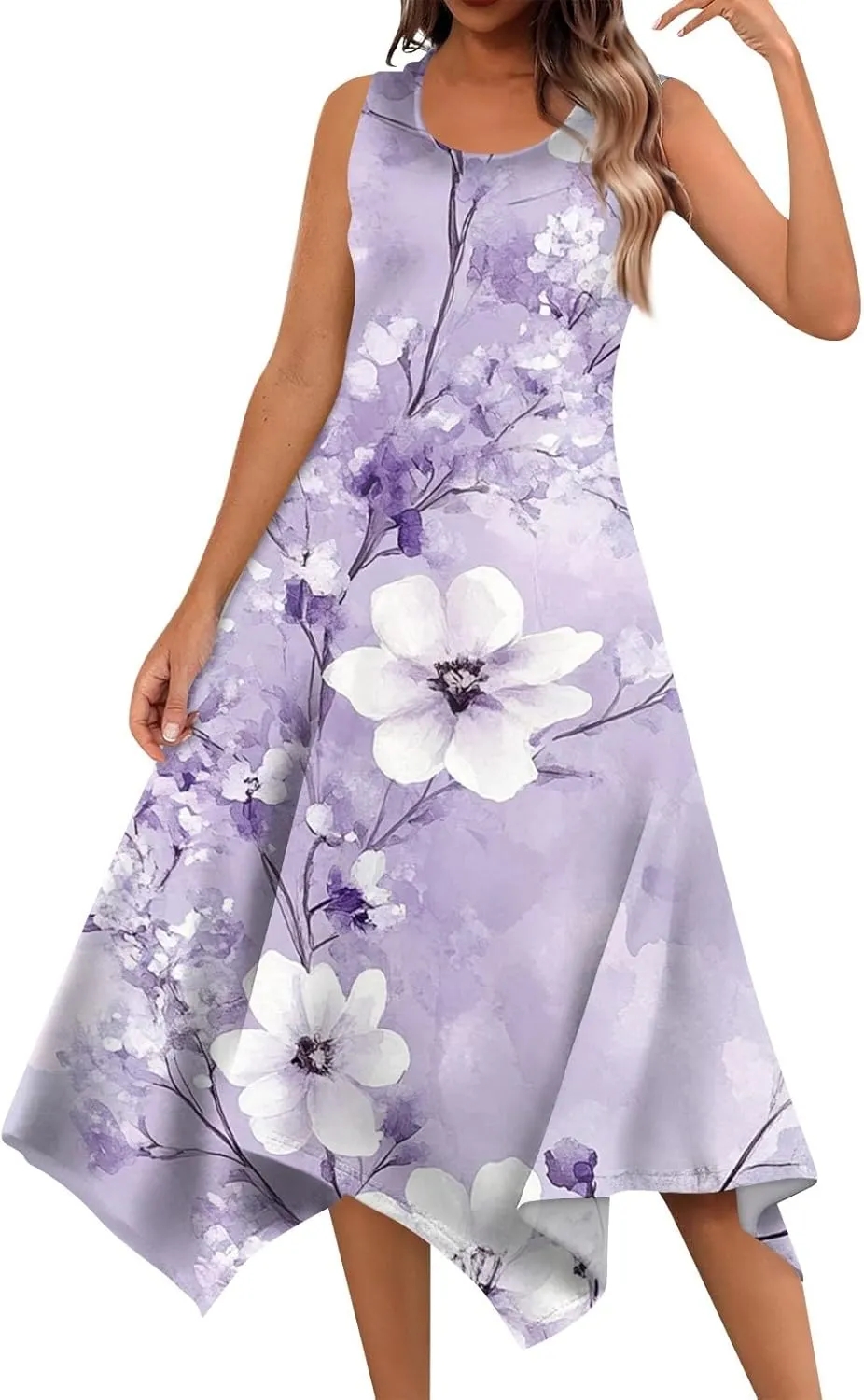 Womens Off Shoulder Sleeveless Midi Sundresses Smocked Flowy A Line Dress Formal Plus Size Casual Floral Tank Dress