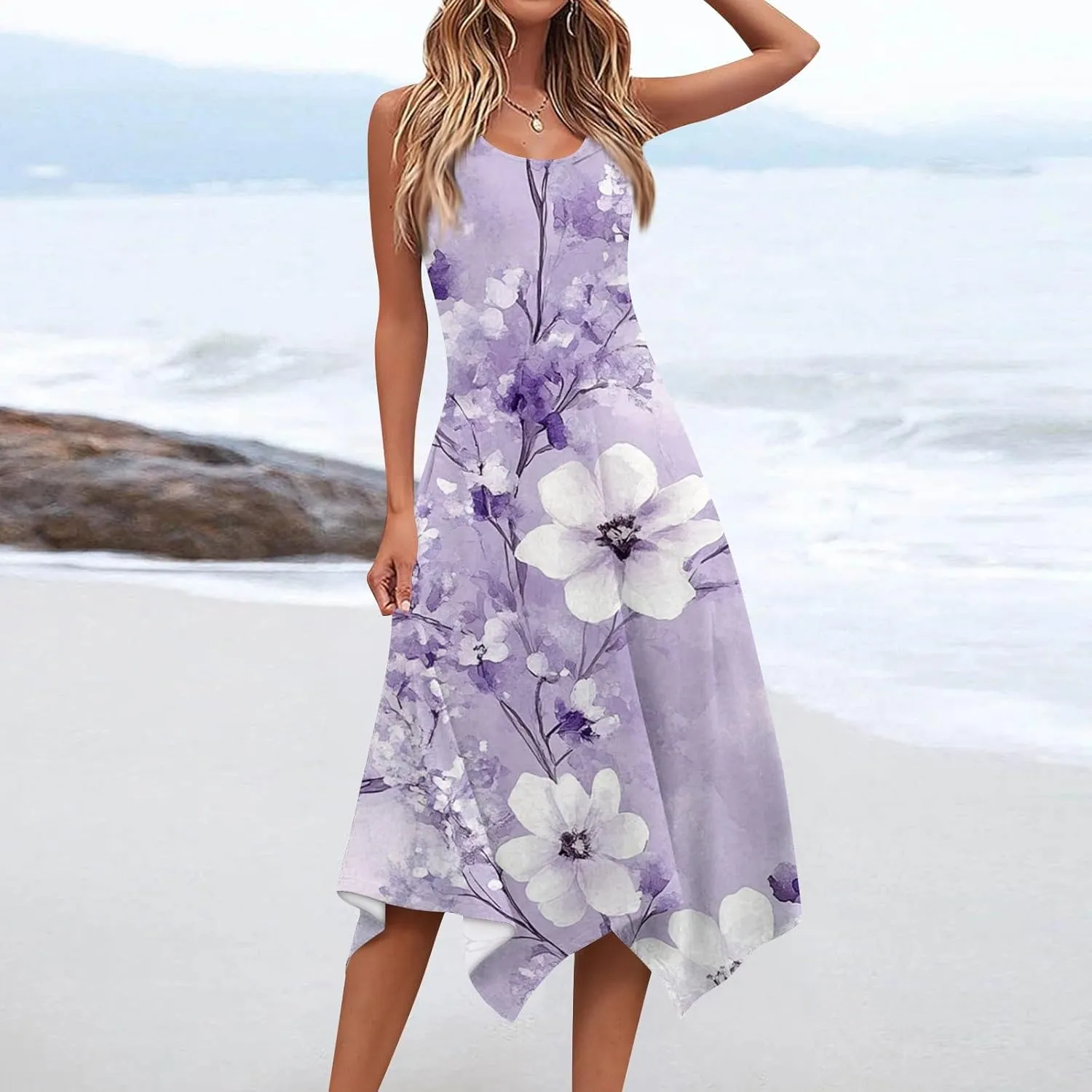 Womens Off Shoulder Sleeveless Midi Sundresses Smocked Flowy A Line Dress Formal Plus Size Casual Floral Tank Dress