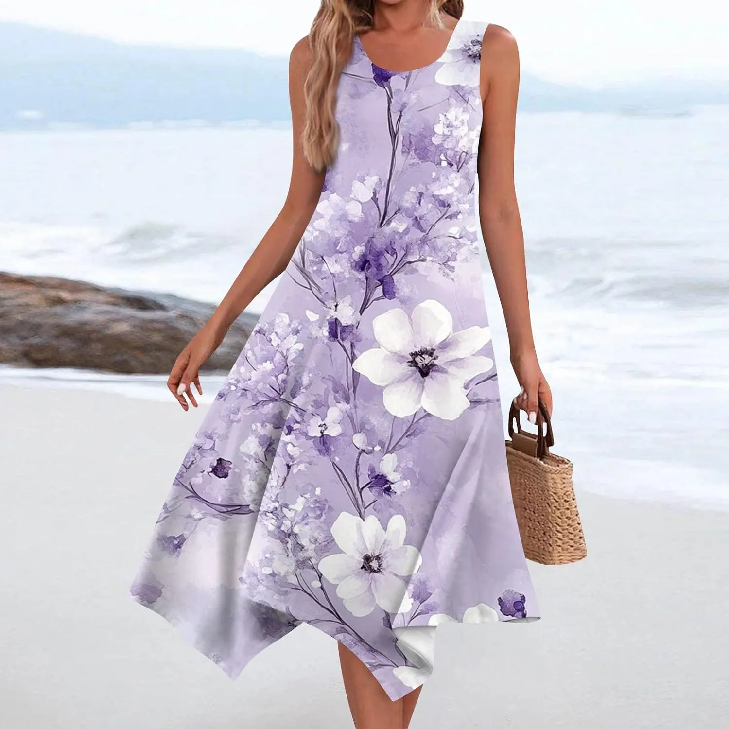Womens Off Shoulder Sleeveless Midi Sundresses Smocked Flowy A Line Dress Formal Plus Size Casual Floral Tank Dress