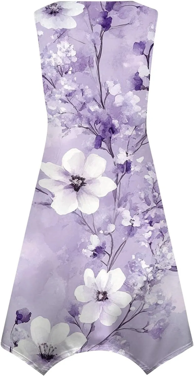 Womens Off Shoulder Sleeveless Midi Sundresses Smocked Flowy A Line Dress Formal Plus Size Casual Floral Tank Dress