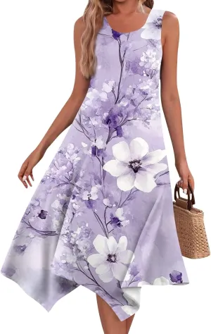 Womens Off Shoulder Sleeveless Midi Sundresses Smocked Flowy A Line Dress Formal Plus Size Casual Floral Tank Dress