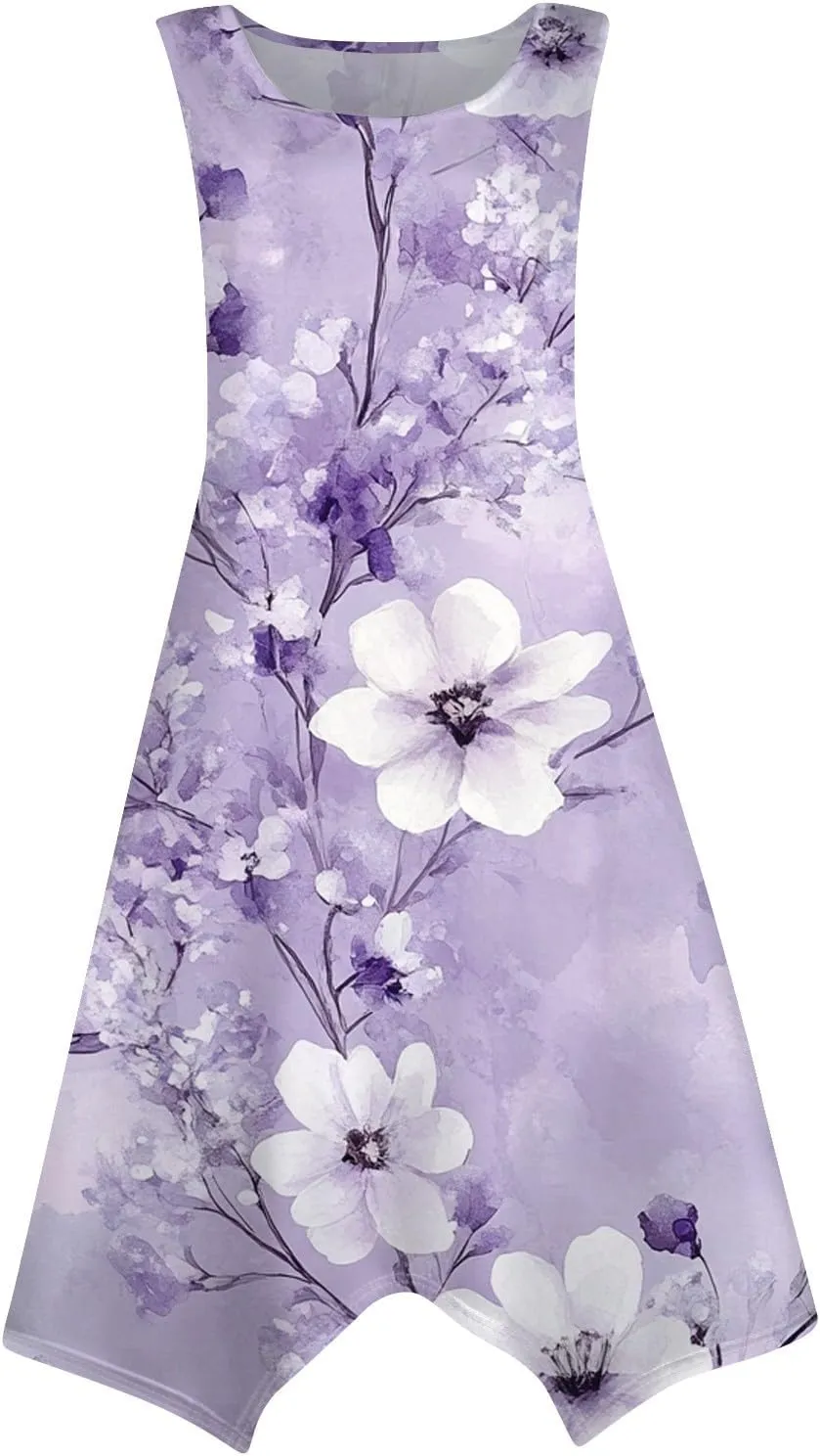 Womens Off Shoulder Sleeveless Midi Sundresses Smocked Flowy A Line Dress Formal Plus Size Casual Floral Tank Dress